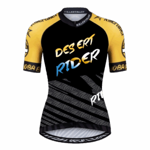 Killertaler Damen Radtrikot Desert Epic schwarz/goldgelb mit Desert Rider Schriftzug — inspiriert vom Desert Dash 2024 in Namibia, handgefertigt in Burladingen