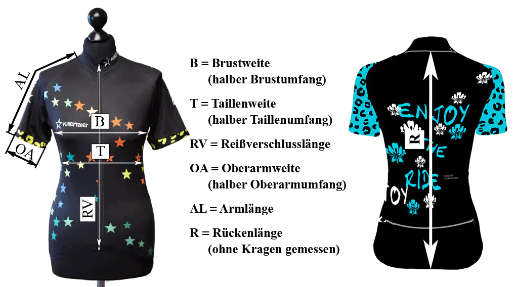 Schema-Skizze Damen Radtrikot KILLERTALER — Anleitung zum Maßnehmen für Maßanfertigung