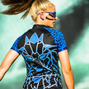 Edles Damen Radtrikot in Königsblau und Royalblau mit feinem Grafikmuster, Reißverschluss und Rückentaschen - Rückseite