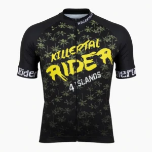 Killertaler Herren Radtrikot 4Islands schwarz mit Palmen-Design und gelbem Killertal Rider Schriftzug — handgefertigt in Burladingen